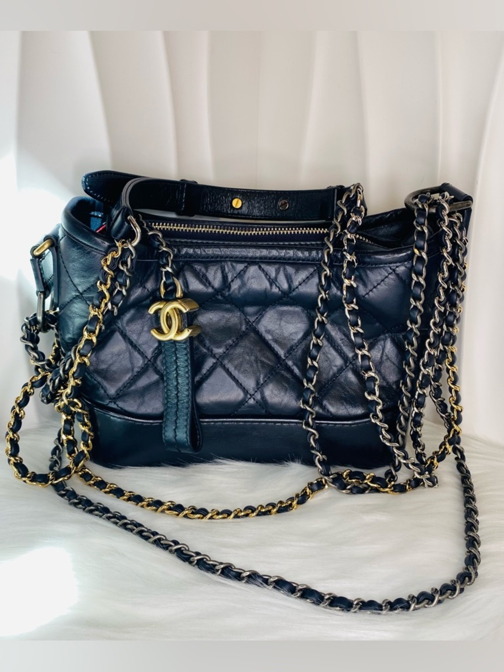 CHANEL Gabrielle Dark Blue Quilted Leather Shoulder Bag with Gold-Tone Chain